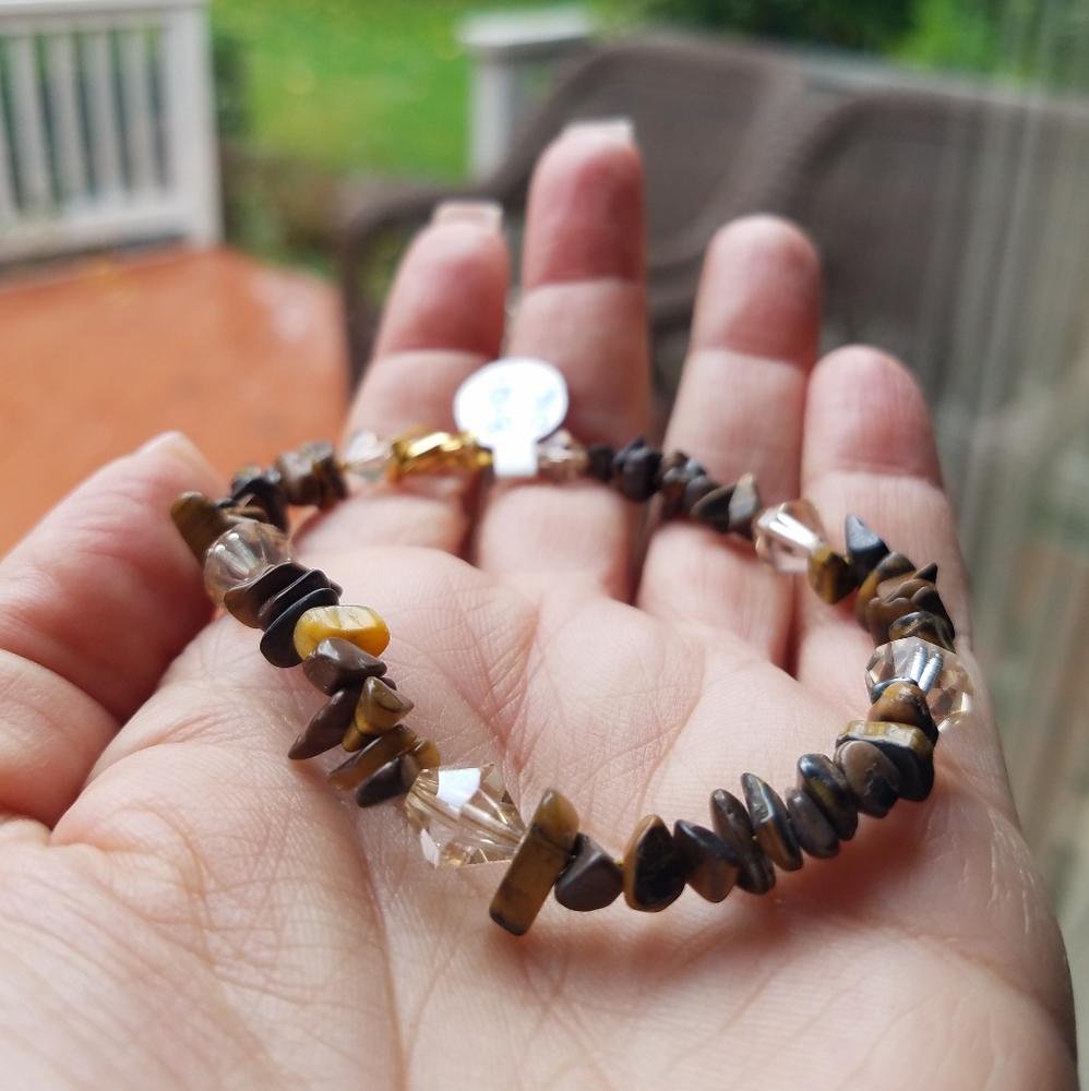Swarovski Elements Golden Shadow Crystal & Brown Tiger Eye Gemstone Bracelet NWT